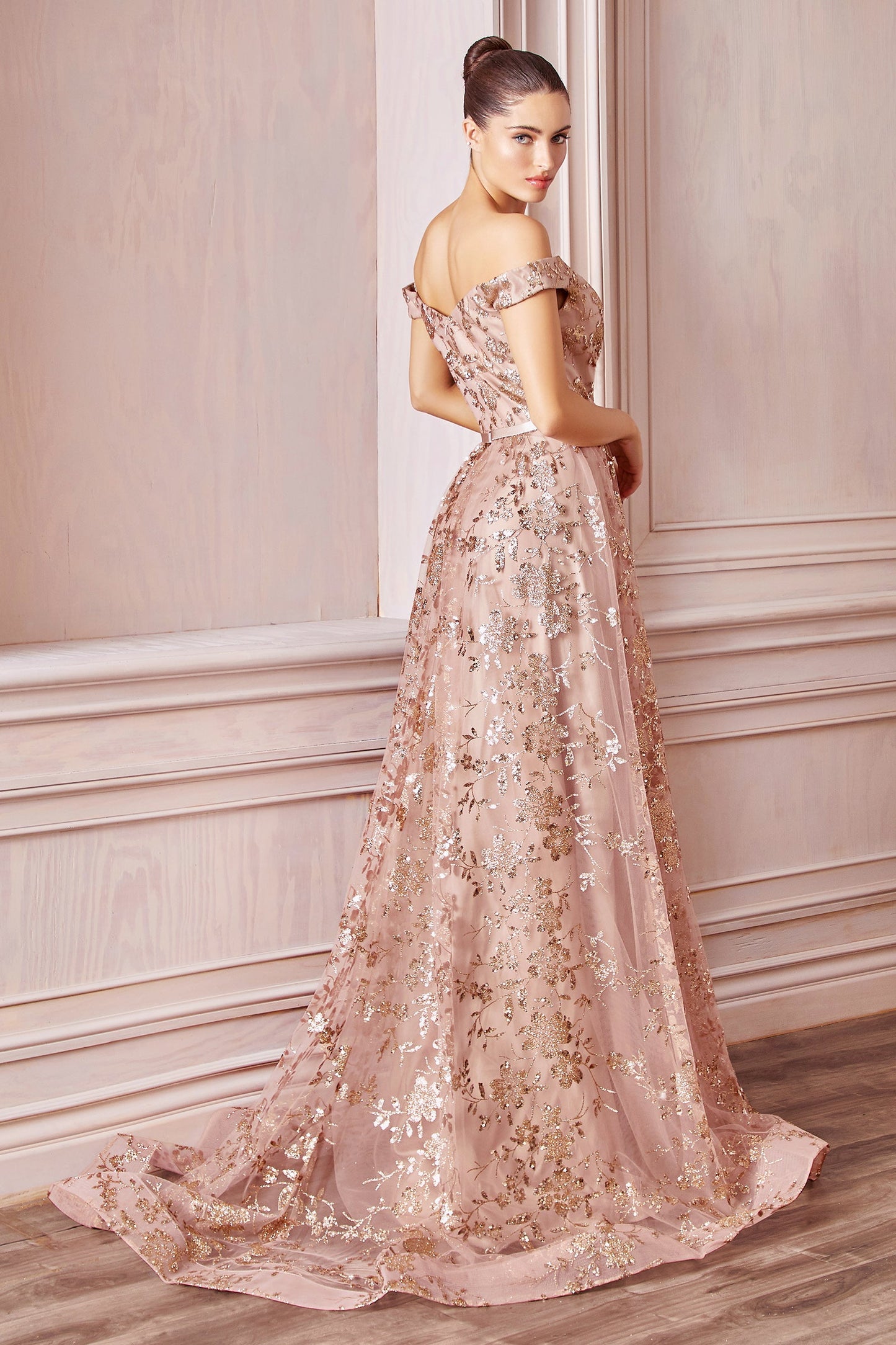 Glitter Print Off Shoulder Sparkly Gown CB069