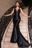 Plunging Neckline Fitted Stretch Glitter Satin Dress CC2346
