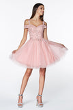 Short Cold Off Shoulder A-Line Dress with Glittered Tulle Skirt CD0132