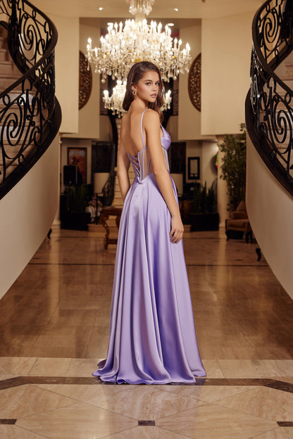 A1738 Sheer Boned Corset Bodice Long Dress