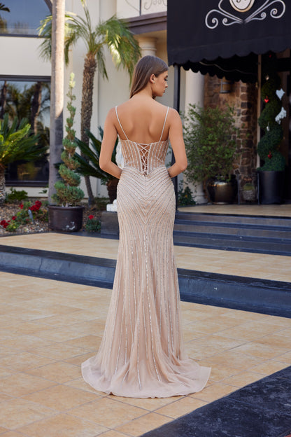 A1746 Beaded Tulle V-Neck Slit Gown