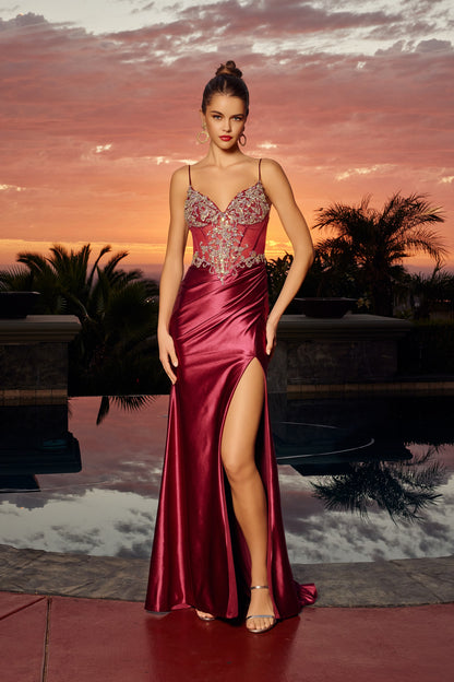 A1750 Rhinestone Embellished Bodice Satin Dress