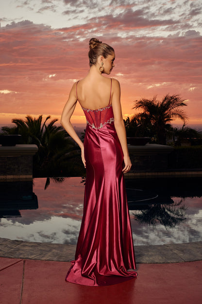 A1750 Rhinestone Embellished Bodice Satin Dress