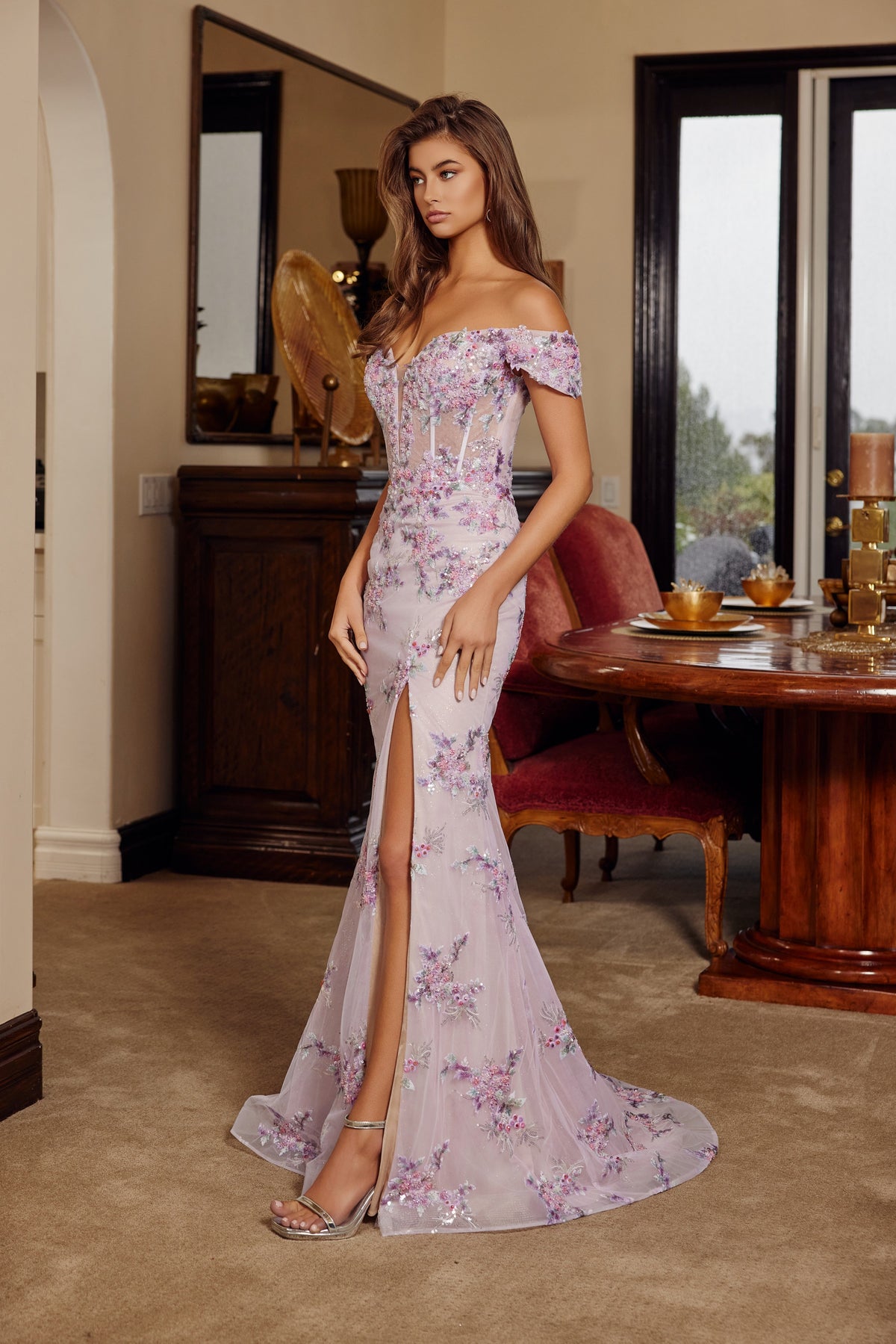 C1829 Applique Off Shoulder Elegant Long Dress