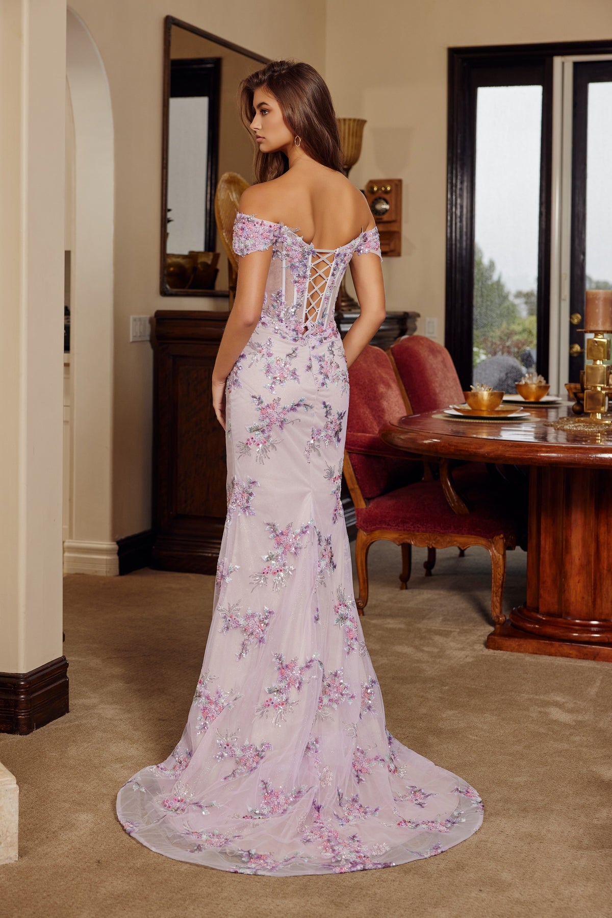 C1829 Applique Off Shoulder Elegant Long Dress
