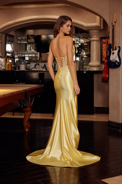 C1830 Beaded Satin Strapless Stylish Long Dress