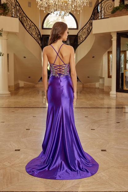 C1831 Sheer-Bodice Plunging Neckline Long Dress