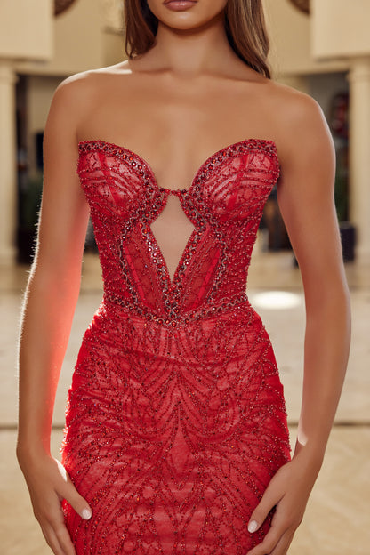C1848 Bead Cut-Out Strapless Prom Dress