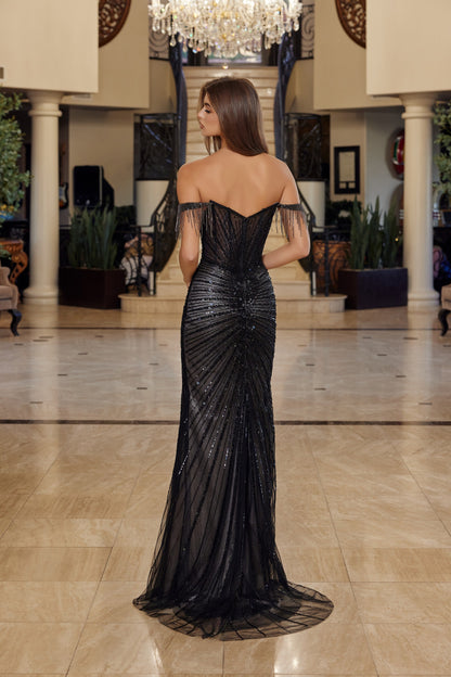 C1850 Off The Should Sparkly Stylish Fitted Evening Dress