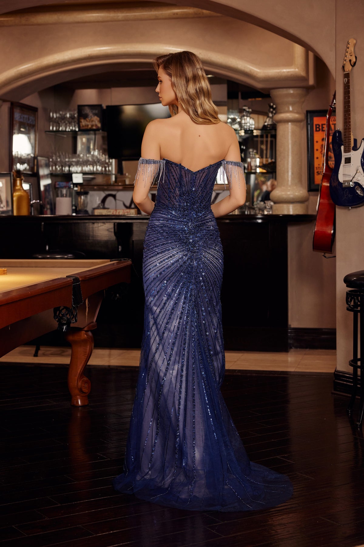 C1850 Off The Should Sparkly Stylish Fitted Evening Dress