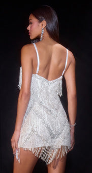 LaDivine CDS531 Tiered Beaded Fringe Mini Dress