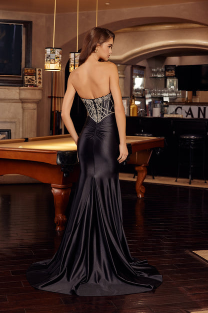 E1901 Beaded Satin Fitted Strapless Long Dress