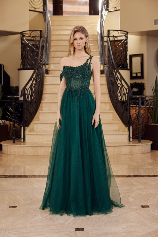 F1567 Applique One Shoulder A-line Dress