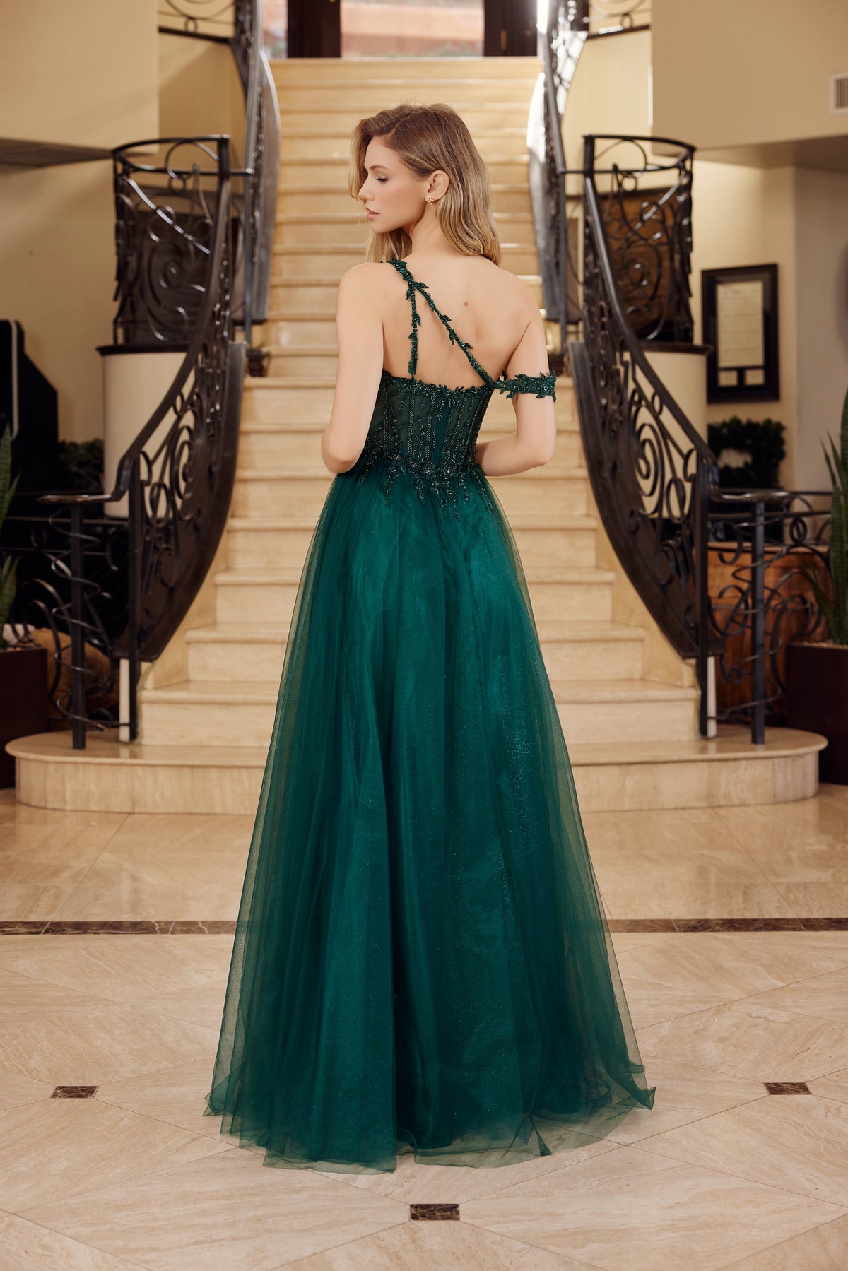 F1567 Applique One Shoulder A-line Dress
