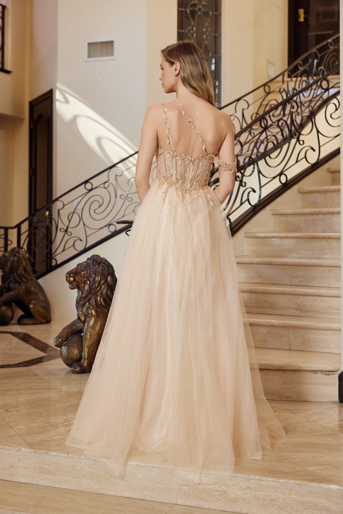 F1567 Applique One Shoulder A-line Dress