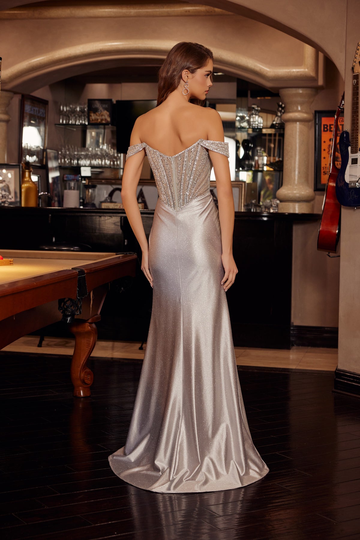 F1727 Off-The-Shoulder High Slit Corset Bodice Long Dress