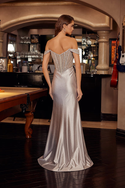 F1727 Off-The-Shoulder High Slit Corset Bodice Long Dress