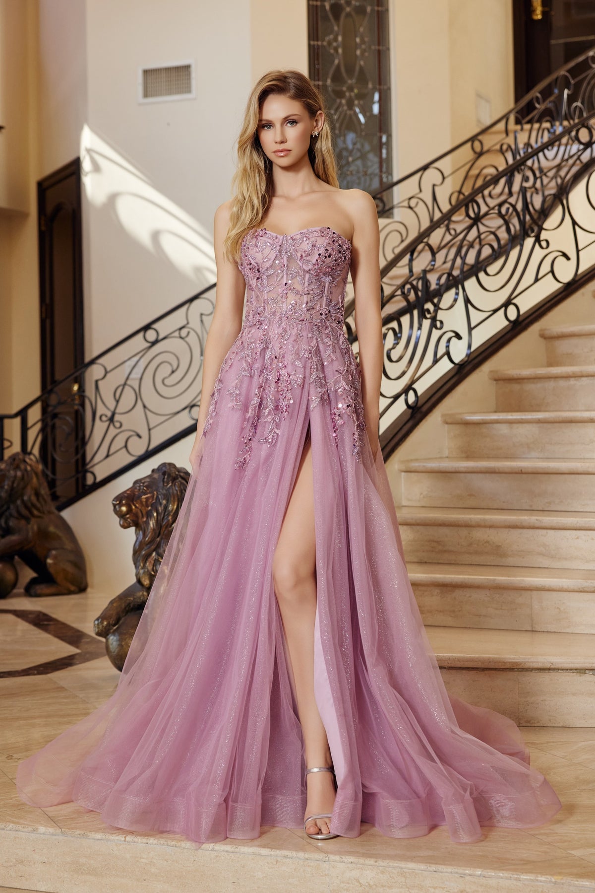 G1371 Glitter Strapless A-line Slit Dress