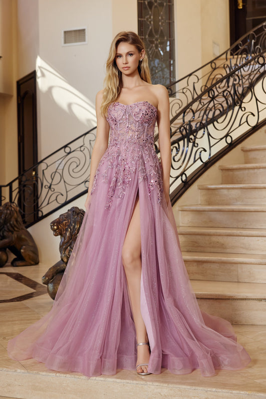 G1371 Glitter Strapless A-line Slit Dress