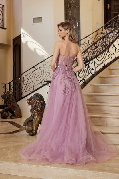 G1371 Glitter Strapless A-line Slit Dress