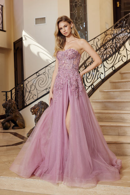 G1371 Glitter Strapless A-line Slit Dress