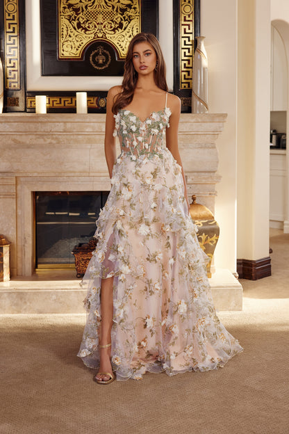 G1783 3D Floral Sleeveless Tiered Slit Dress