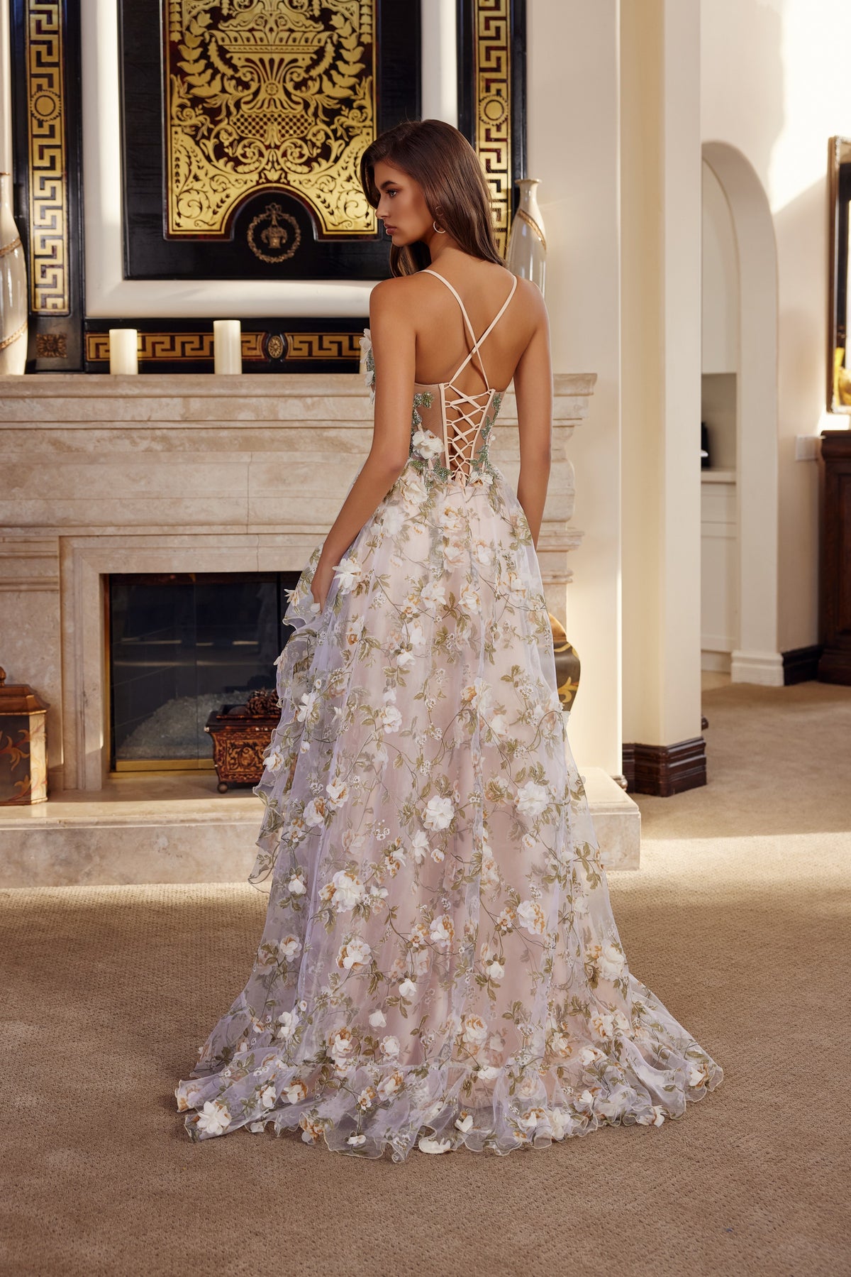 G1783 3D Floral Sleeveless Tiered Slit Dress