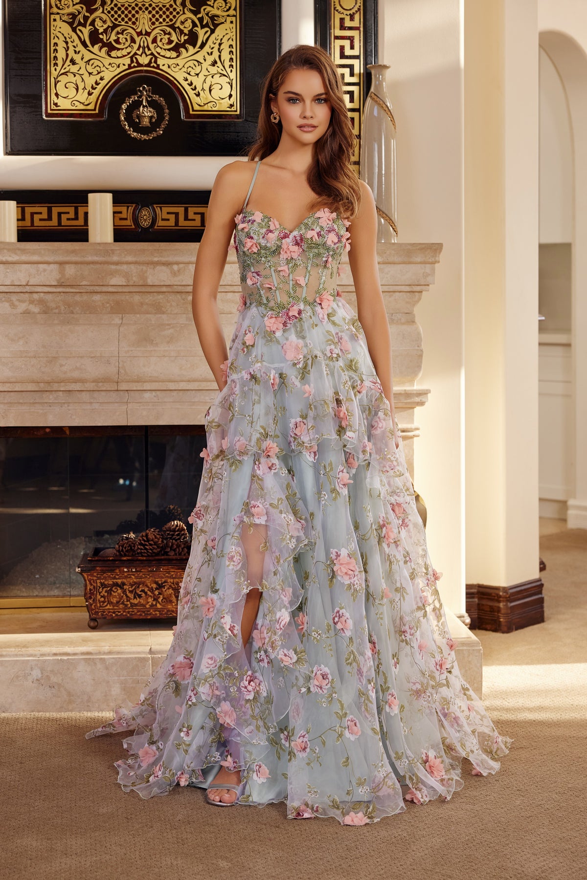 G1783 3D Floral Sleeveless Tiered Slit Dress