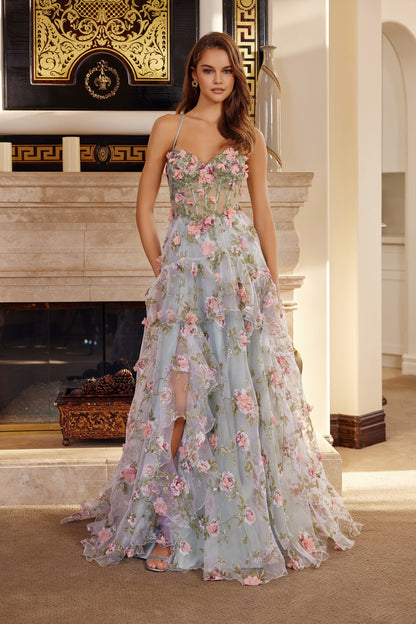 G1783 3D Floral Sleeveless Tiered Slit Dress