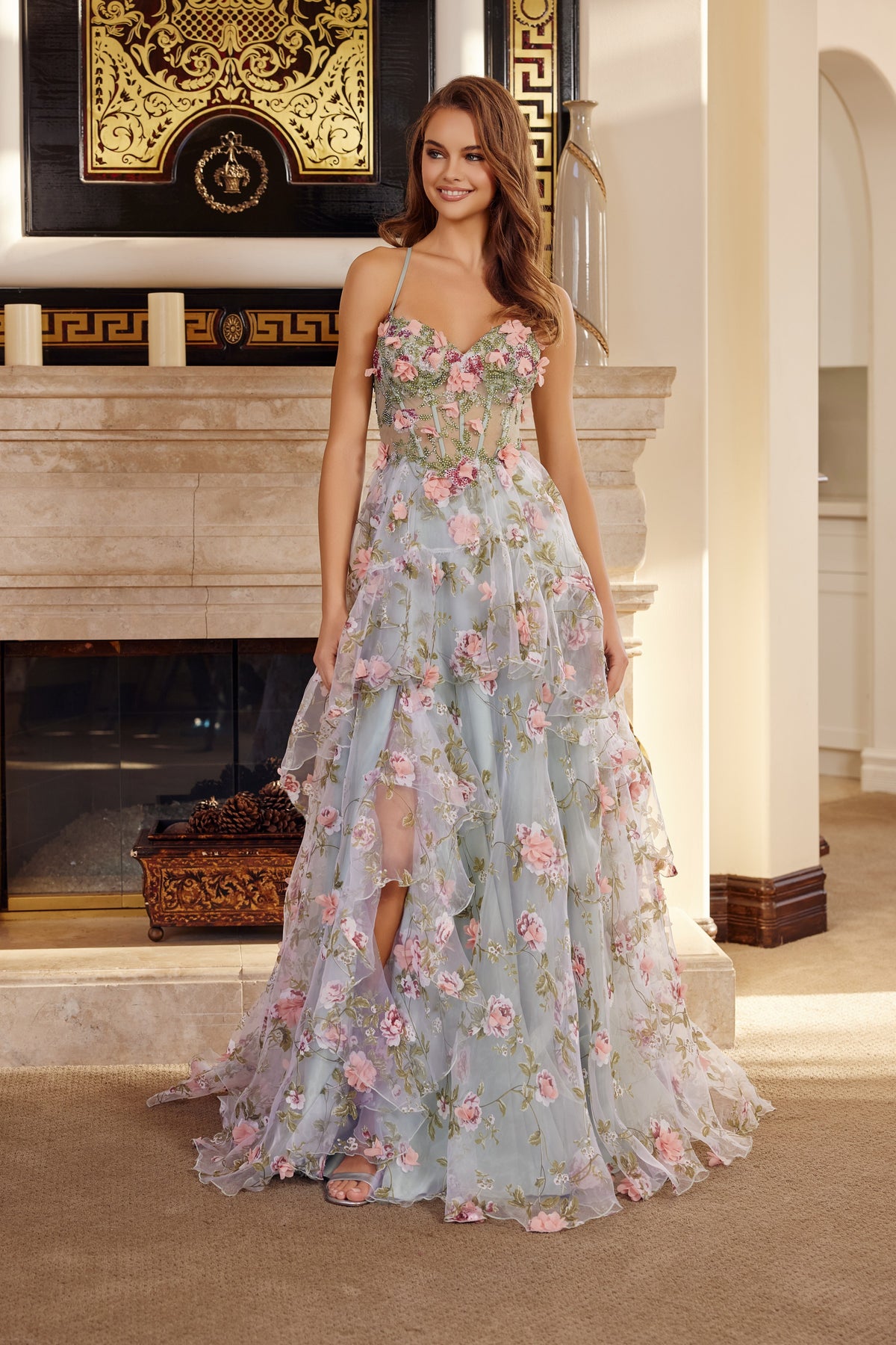 G1783 3D Floral Sleeveless Tiered Slit Dress
