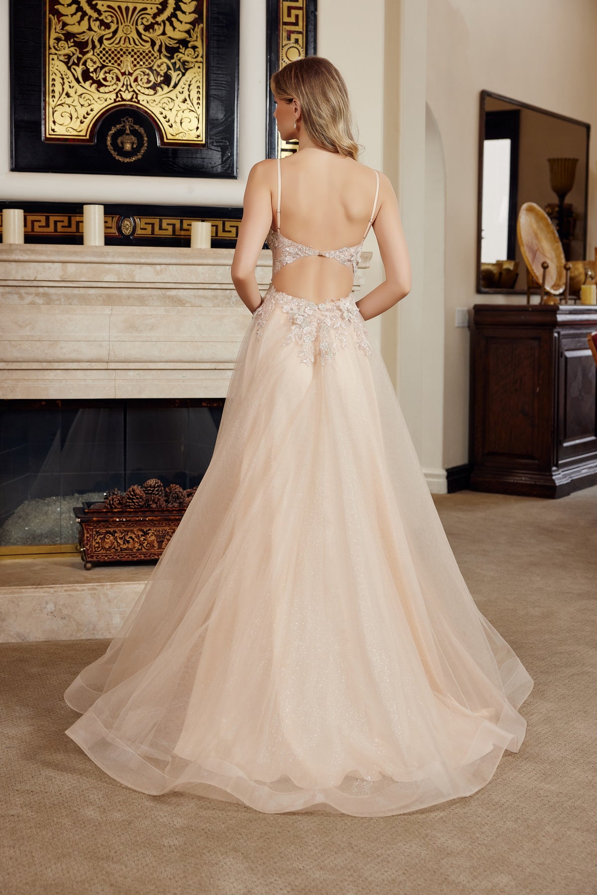 G1787 Applique Sleeveless A-line Slit Dress
