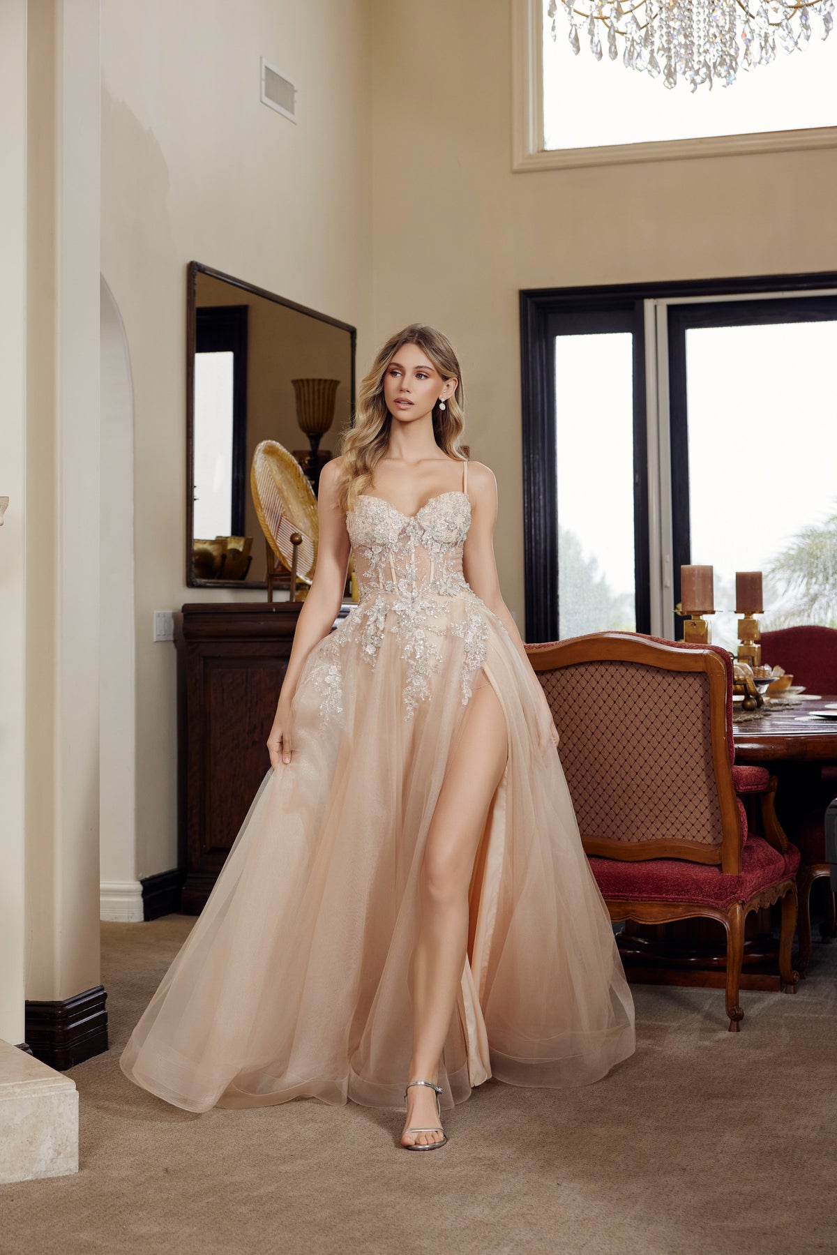 G1787 Applique Sleeveless A-line Slit Dress