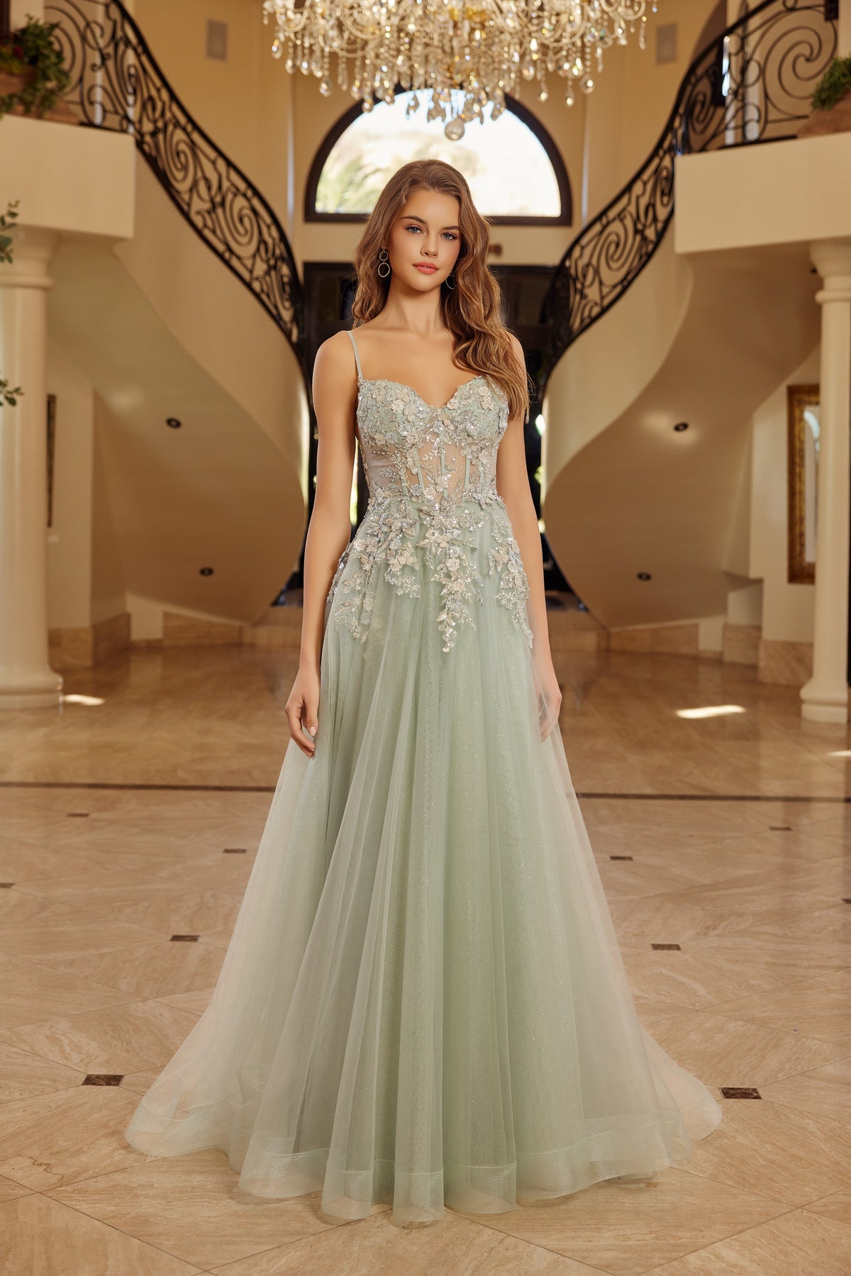 G1787 Applique Sleeveless A-line Slit Dress