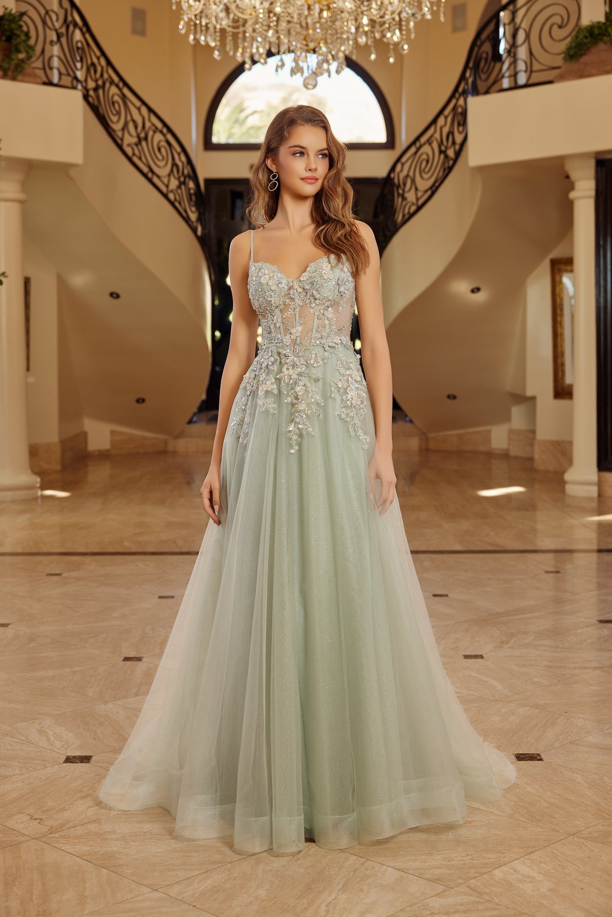 G1787 Applique Sleeveless A-line Slit Dress