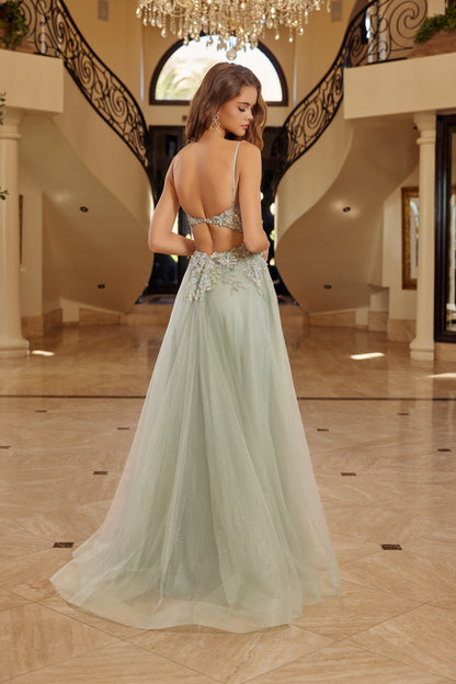 G1787 Applique Sleeveless A-line Slit Dress