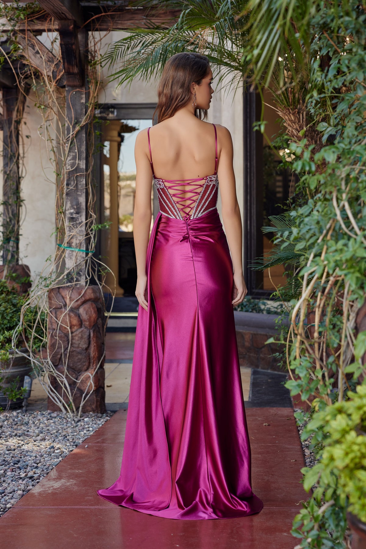 G1788 Beaded Corset Satin Slit Dress