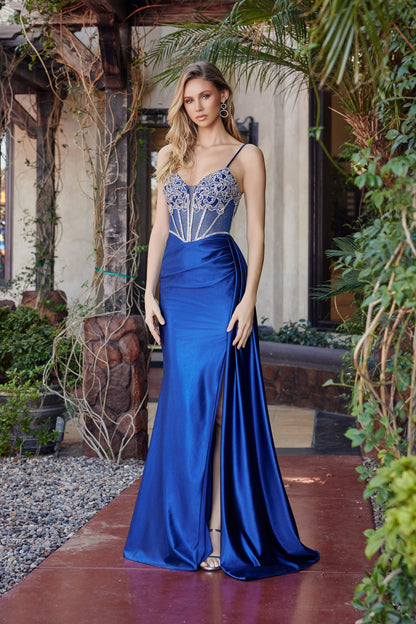 G1788 Beaded Corset Satin Slit Dress