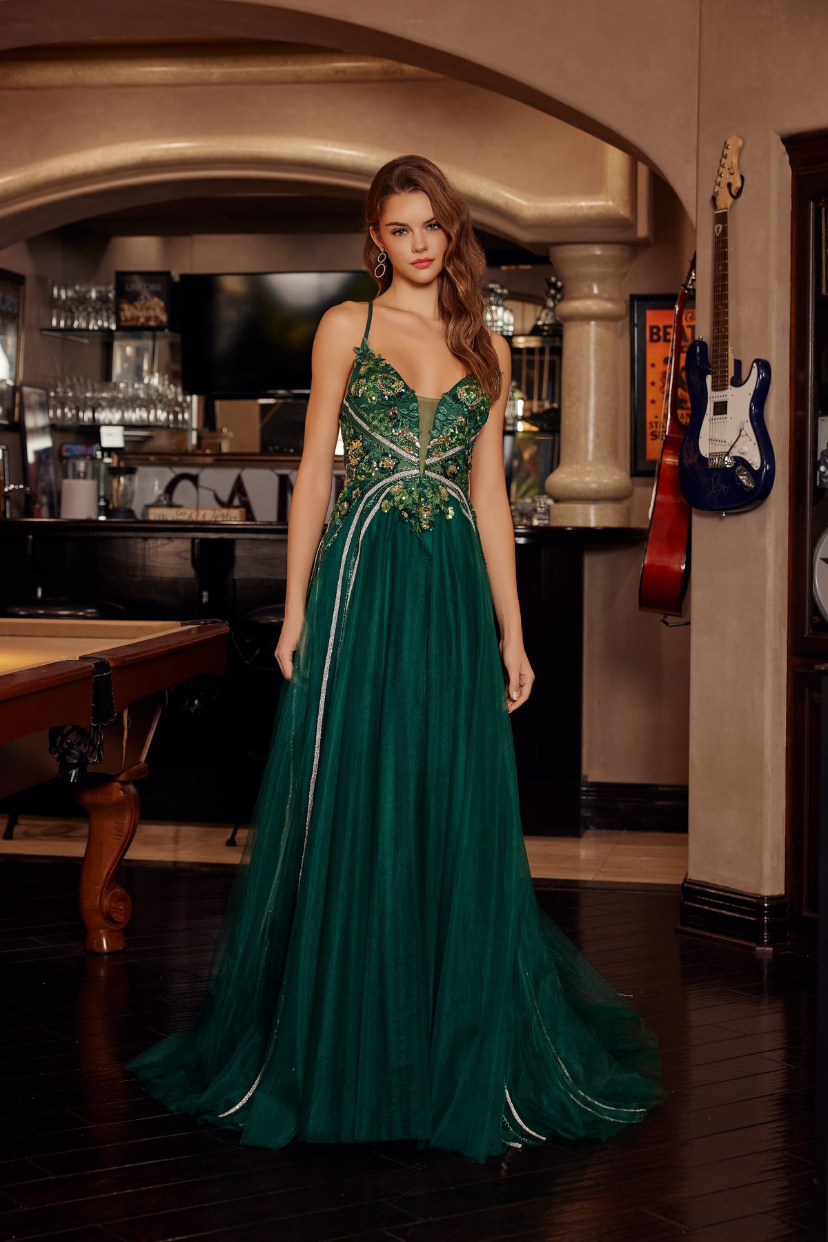 G1795 Applique V-Neck A-line Dress