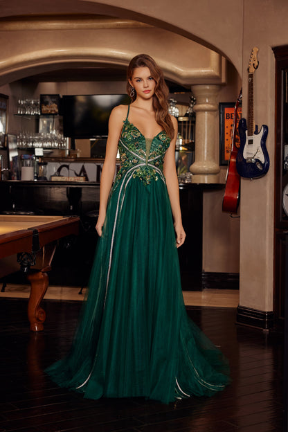 G1795 Applique V-Neck A-line Dress