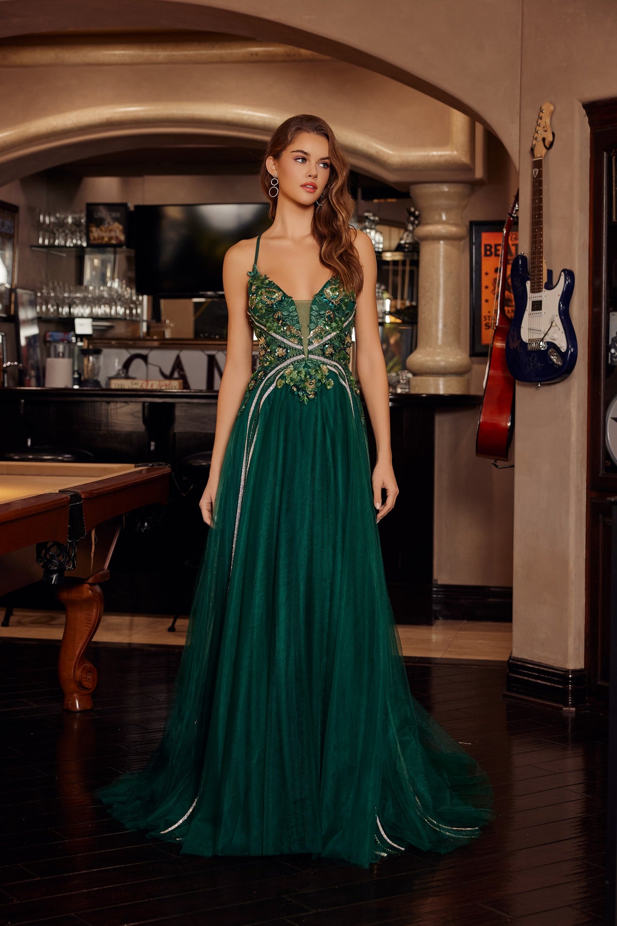 G1795 Applique V-Neck A-line Dress