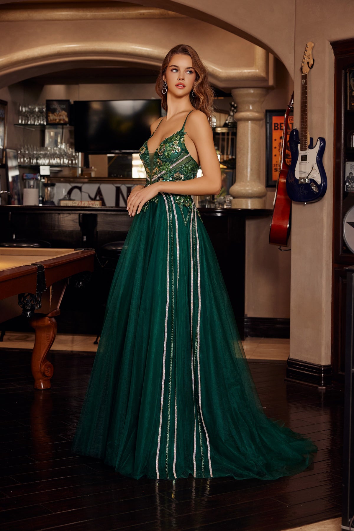 G1795 Applique V-Neck A-line Dress