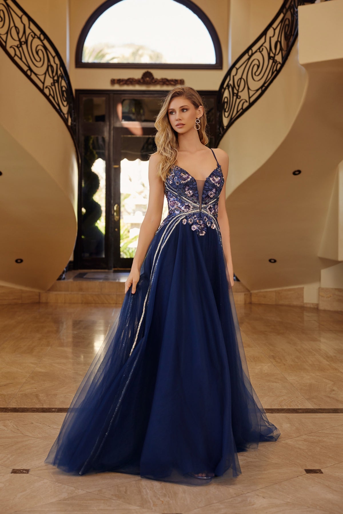G1795 Applique V-Neck A-line Dress
