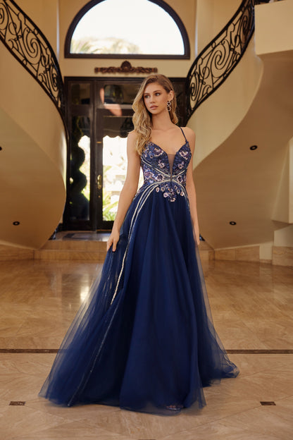 G1795 Applique V-Neck A-line Dress