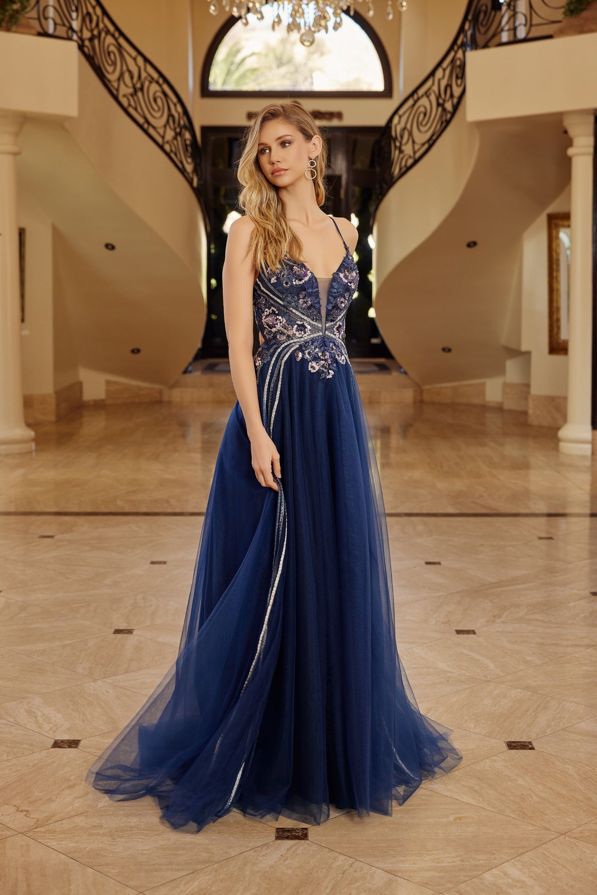 G1795 Applique V-Neck A-line Dress