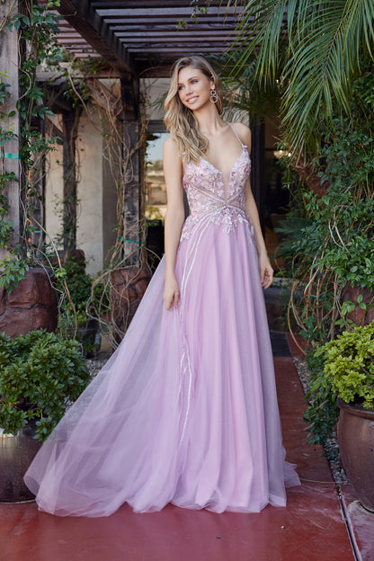 G1795 Applique V-Neck A-line Dress