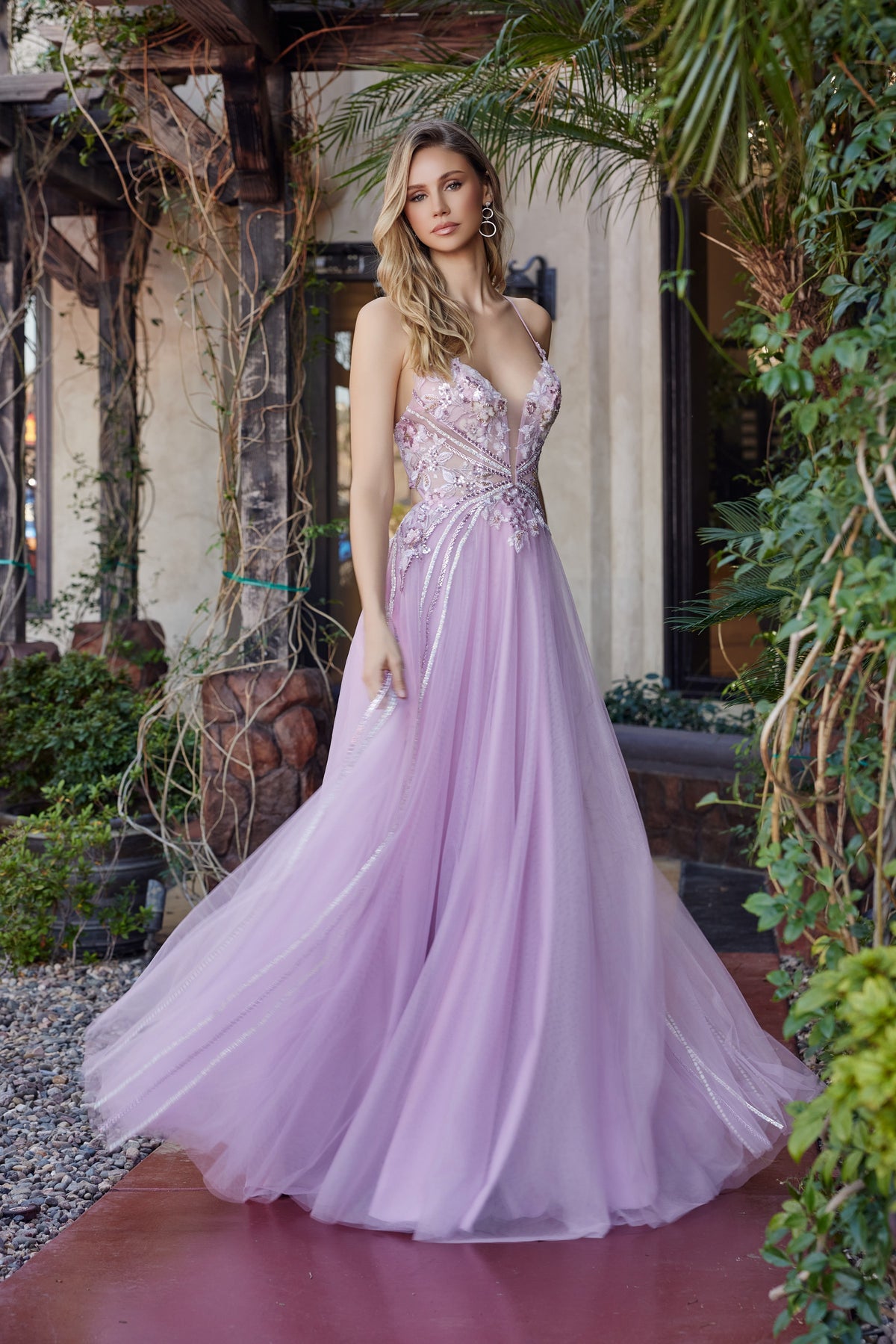 G1795 Applique V-Neck A-line Dress