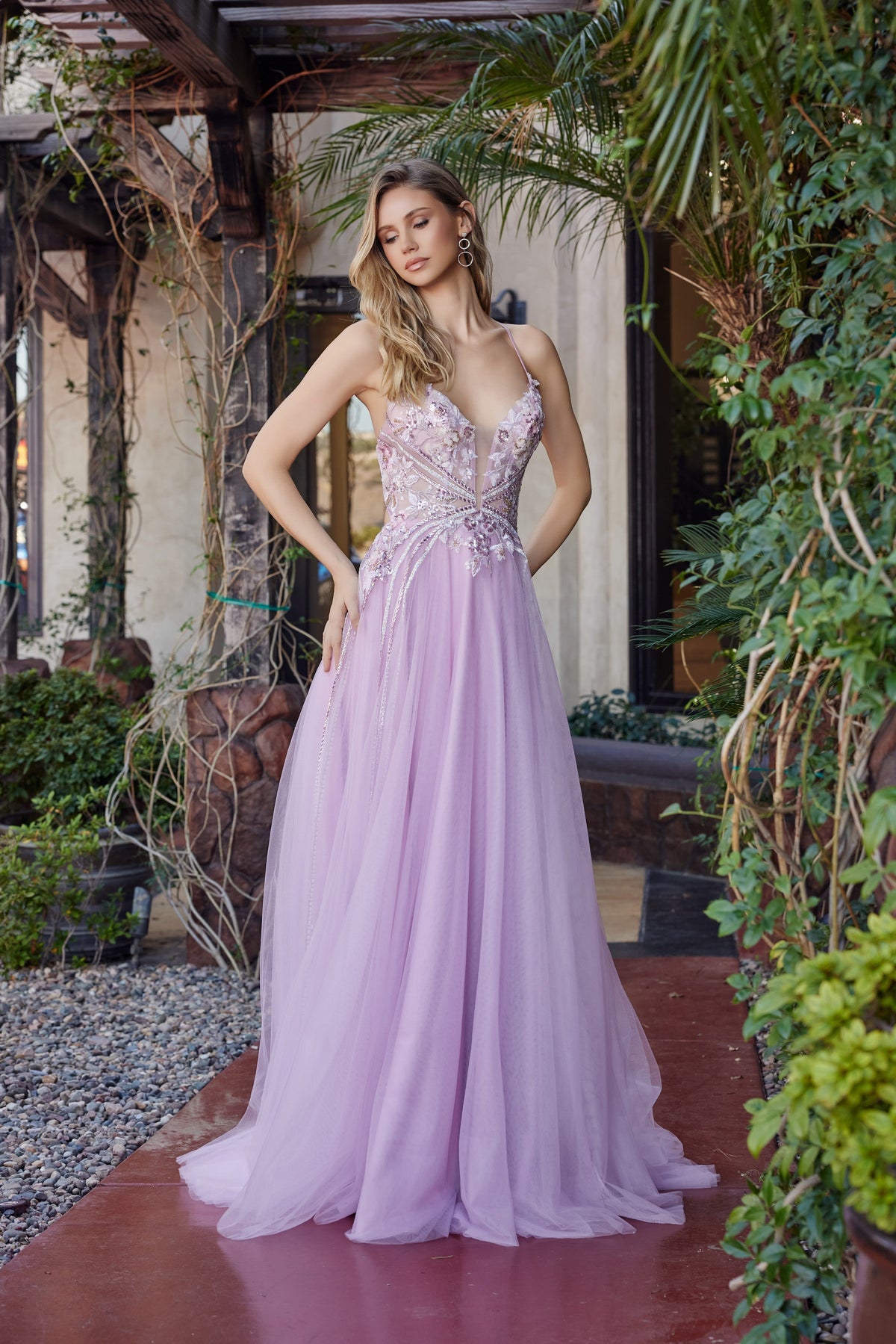 G1795 Applique V-Neck A-line Dress