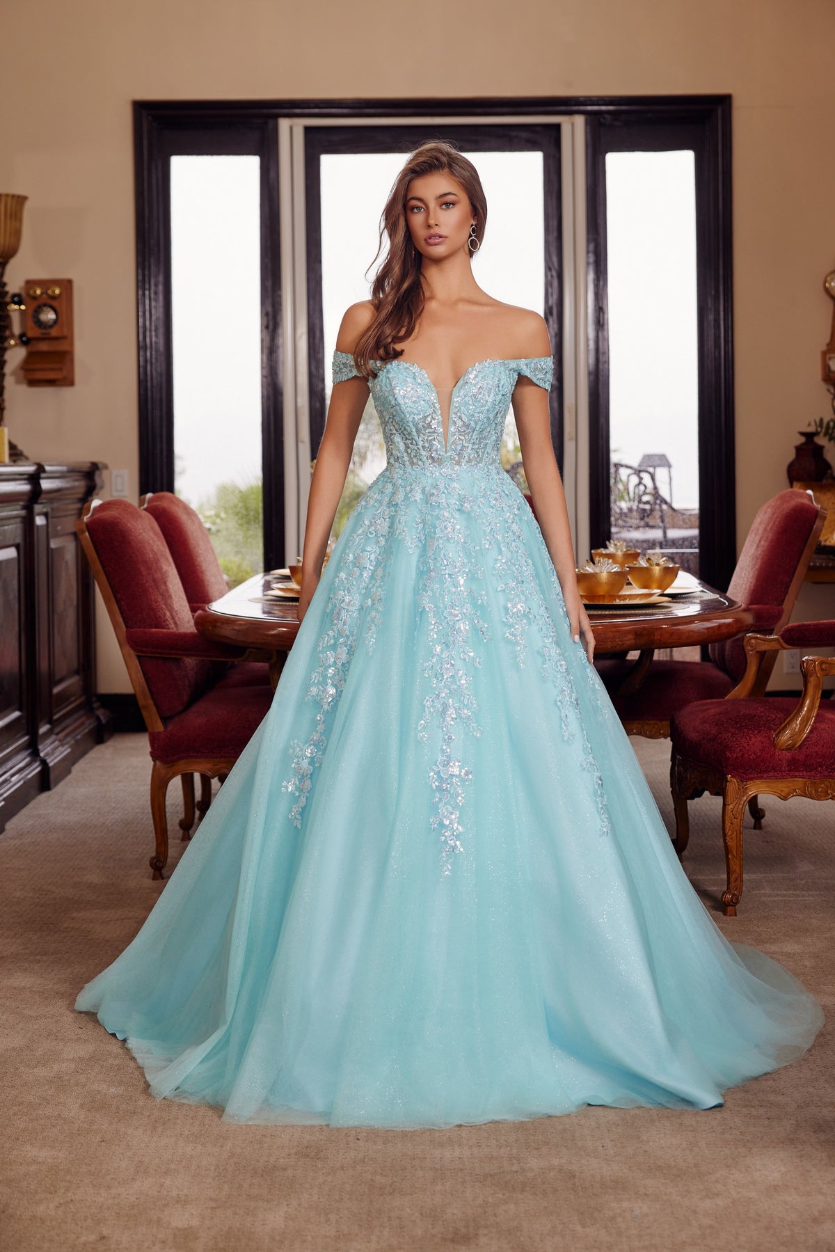 H1881 Plunging V Neckline A-Line Gown with a Sheer Boned Waistline