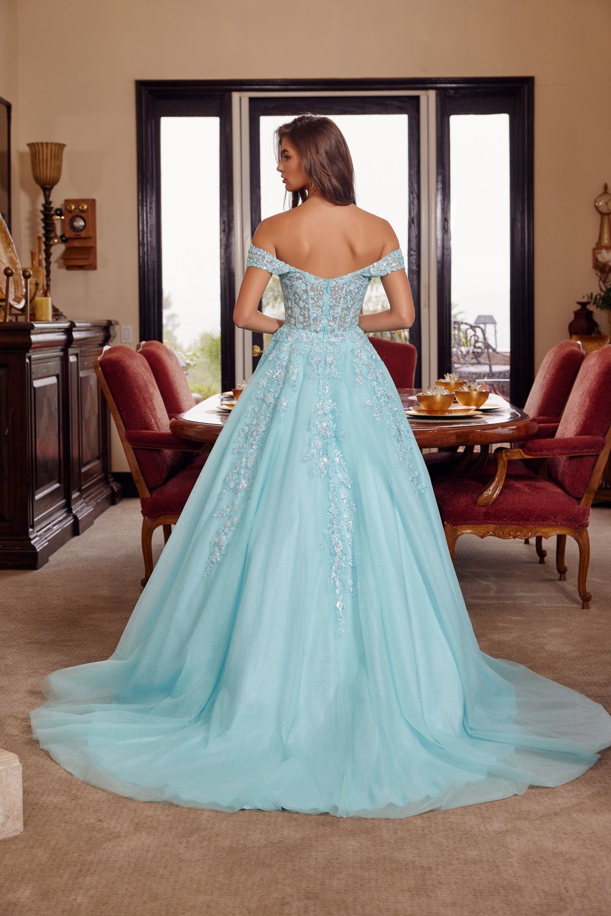 H1881 Plunging V Neckline A-Line Gown with a Sheer Boned Waistline