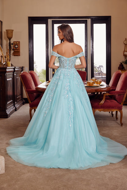 H1881 Plunging V Neckline A-Line Gown with a Sheer Boned Waistline